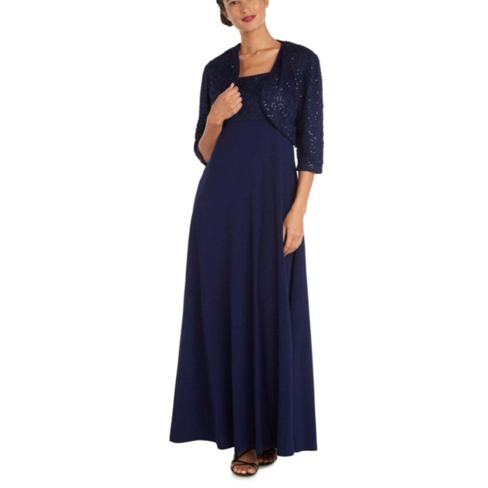 R & M Richards Dress & Jacket 8P Navy Blue Shimmer Lace Cruise Wedding Party